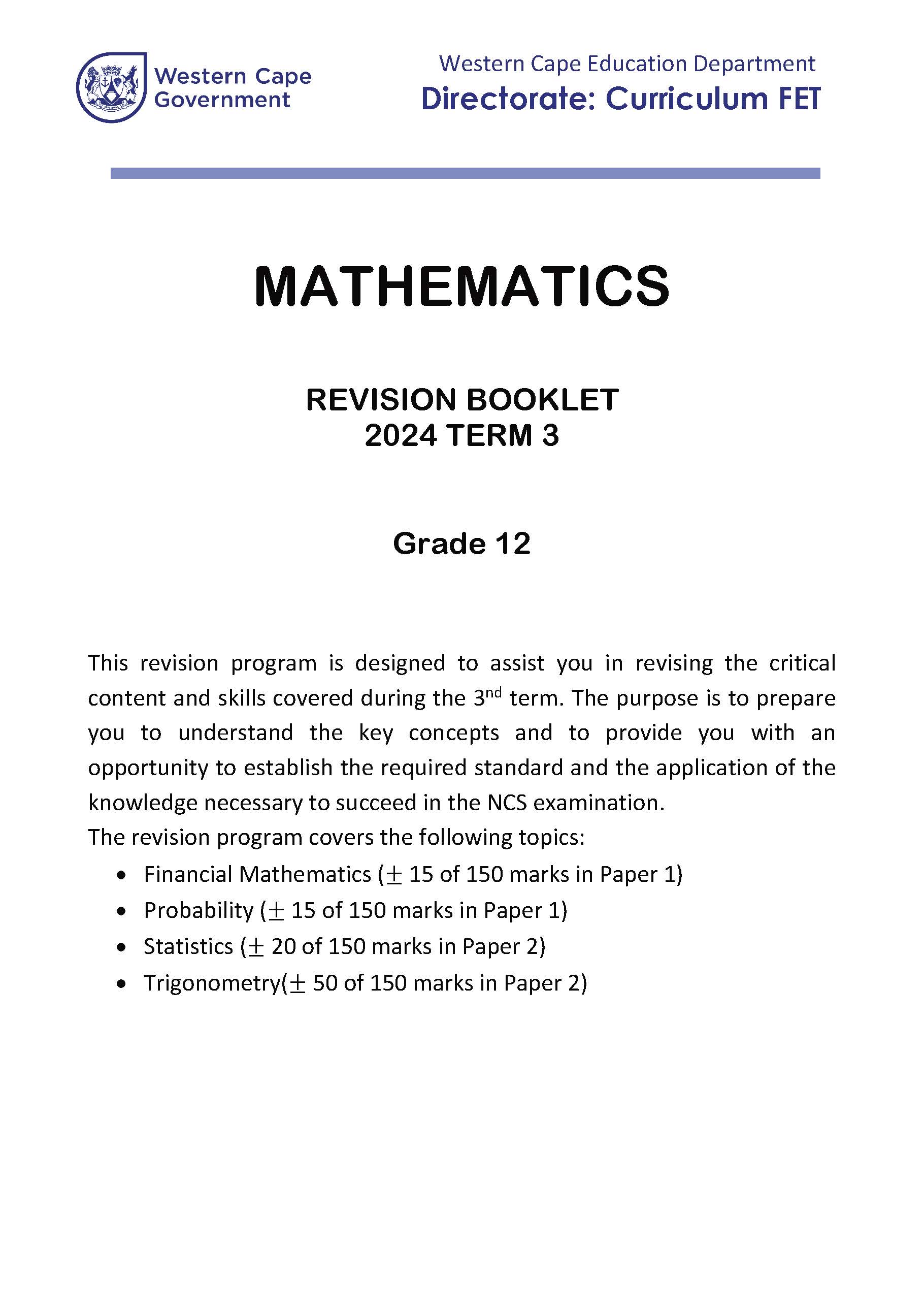 2024 Mathematics Grade 12 T3 Revision Wced Eportal